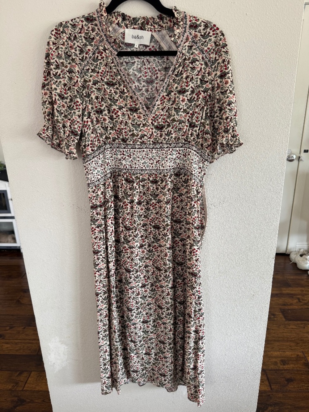 ba&sh Floral Midi Dress Size 0 with Puff Sleeves